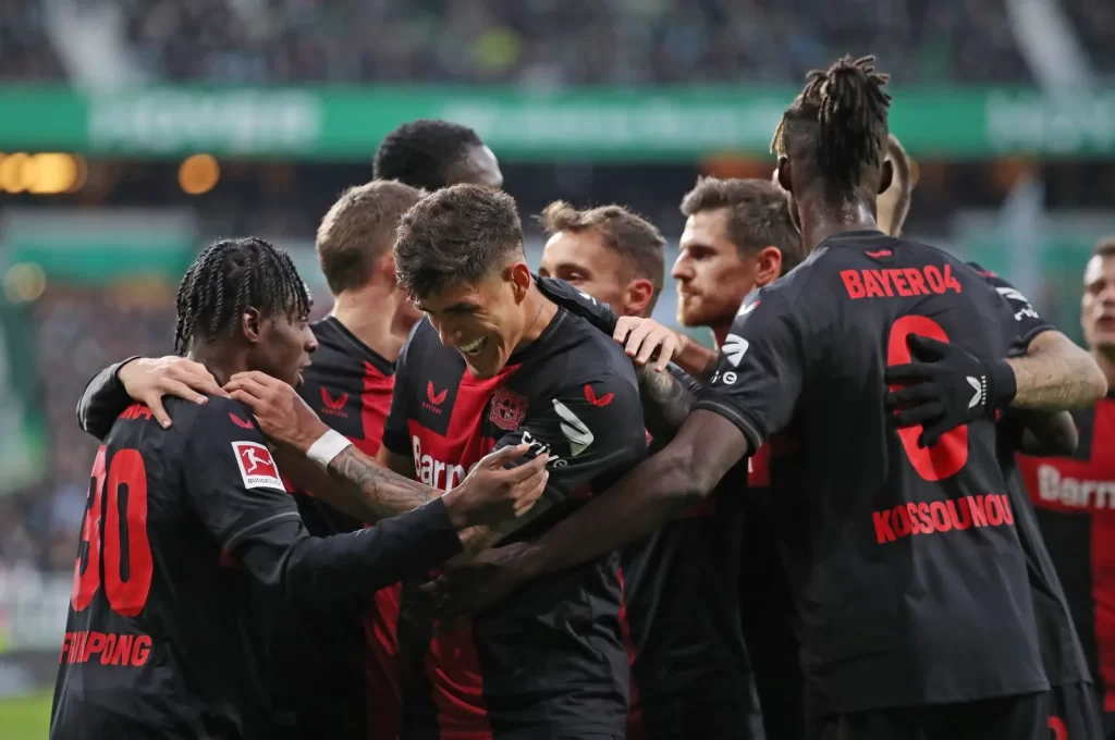 Bayer Leverkusen players celebrate after a goal during the Bundesliga match against Werder Bremen at Wohninvest Weserstadion, Bremen, Germany, Nov. 25, 2023. (Getty Images Photo)
